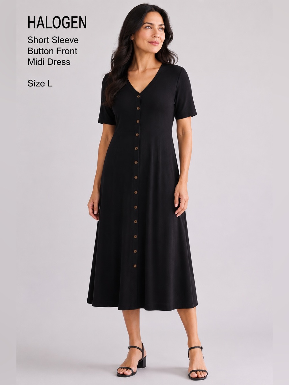 Halogen short Sleeve Button Front black Cottagecore minimalist Midi Dress/size L